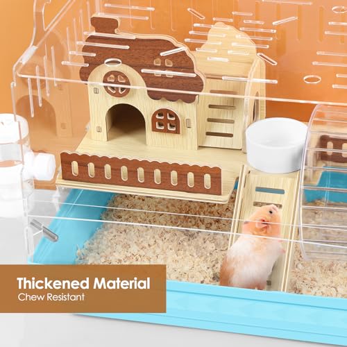 Acrylic Hamster Cage Small Hamster Habitat 360 Viewing Hamster Enclosure with Running Wheel & Hideout for Dwarf, Guinea Pig, Gerbils, Blue, 13.3" L*10.2" W*12.4" H - color: Blue