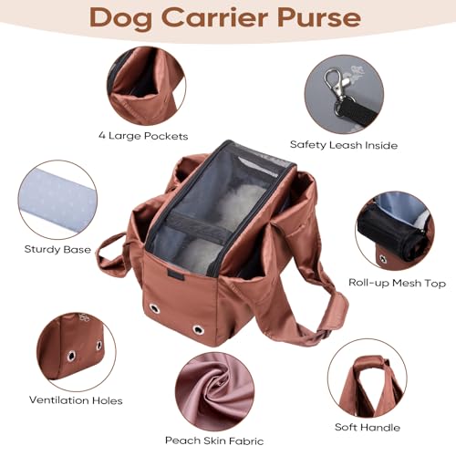 Dog Purse Carrier for Small Dogs, Cats, and Puppies – Soft-Sided Travel Pet Tote Bag with 4 Large Pockets, Foldable, Lightweight, Fits Pets up to 15 lbs, for Travel, Outings (Brown) - color: Brown