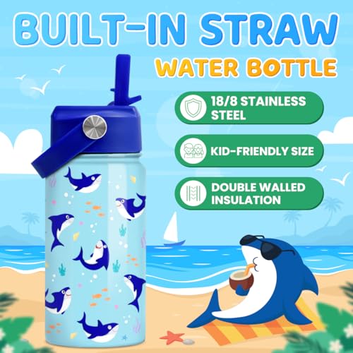SANDJEST Shark Water Bottle - Kids Water Bottle with Straw Lid - 12 Oz Insulated Stainless Steel Water Bottles for Kid Boy - Travel Cup for School Sports - color: Shark 2