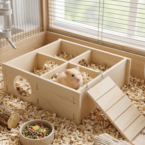 Wooden Hamster Hideout with Slate Rock Cooling Roof, 7.9" Large Hamster House and Hideouts with Climbing Ladder, Tunnel Enrichment Toys, Hamster Cage Accessories for Syrian, Dwarf, Gerbil, Mouse