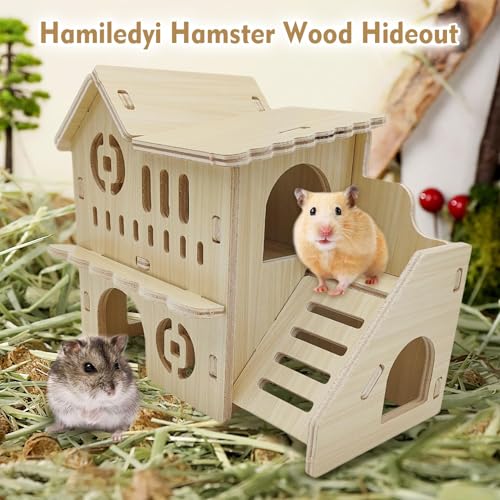 Hamiledyi Wooden Hamster Hideout Maze Small Animal Activity Toy Hamster House and Habitat Wooden Hut with Ladder for Dwarf Hamsters Small Gerbils Tiny Mice and Other Similar Sized Animals