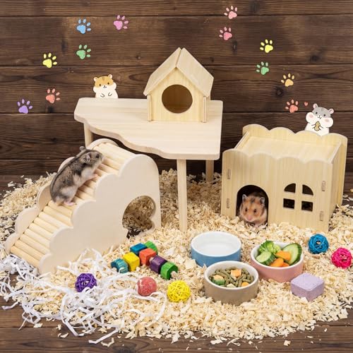 BreezeHug 4 Pcs Hamster Cage Accessories Hamster Platform Hideout Wooden Tunnel Ladder Playhouse Game Climbing Toy with Platform for Pets Dwarf Syrian Mice Degus Gerbils Squirrel(Wave House) - style: Wave House