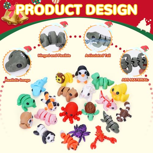 Mini 3D Printed Animals, 20 Piece Articulated Fidget Toy Set | 20 mini 3D printed animals, articulated flexi design, desk pets, pocket collectibles, classroom rewards, party favors - color: 20 Pcs