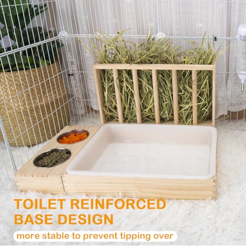 BESNEW 3 in 1 Rabbit Hay Feeder with Litter Box,Wooden Hay Feeder with 2 Bowls & Litter Box for Guinea Pig Chinchilla Bunny Other Small Animals,Large Capacity & Preventing Waste - color: Natural 1, size: 15.7in Style1