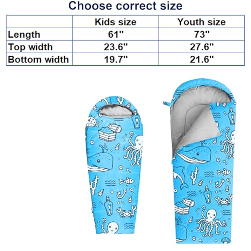KidzAdventure Mummy Style 32 – 59F Kids Sleeping Bag with Pillow Sleeve, 4 Season, Lightweight and Backpacking Style, Ideal for Camping, Sleepover, Boys, Girls, and Youth - color: Aqua youth up to 5\'7"