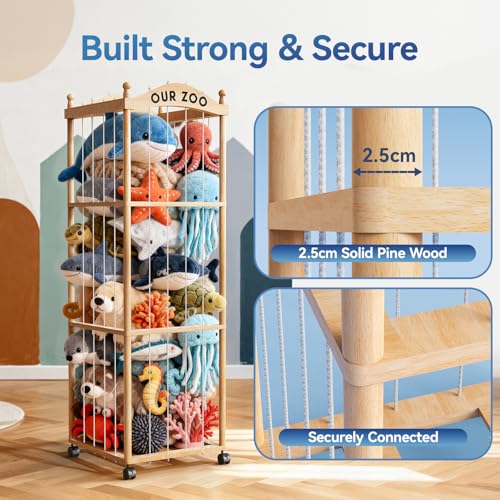Stuffed Animal Storage Zoo Tower, Large Capacity Wooden Stuffed Animal Holder with Wheels, Space-Saving Toy Storage Organizer, Stuffy Plushies Storage for Nursery, Playroom & Bedroom
