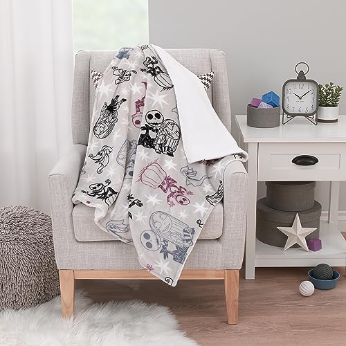 Disney Nightmare Before Christmas Gray, Purple, and White Super Soft Sherpa Baby Blanket - color: Nightmare Before Christmas Gray