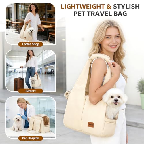 Dog Purse Carrier for Small Dogs and Cats, Soft-Sided Pet Tote Bag with 6 Large Pockets, Collapsible Travel Puppy Carrier with Small Cushion, Fits Pets up to 6 lbs (Beige, 13.6" L x 6.6" W x 10" H) - color: Beige, size: 13.6"L x 6.6"W x 10.0"H