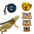 Reptile Pets Leash Harness Set with Jackets and a Party Theme Hat for Bearded Dragon Lizard, Leopard Gecko and Other Small Animal Pets, Outdoor Play, Gold - color: Laser Gold