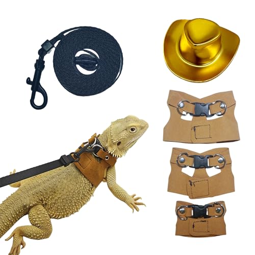 Reptile Pets Leash Harness Set with Jackets and a Party Theme Hat for Bearded Dragon Lizard, Leopard Gecko and Other Small Animal Pets, Outdoor Play, Gold - color: Laser Gold