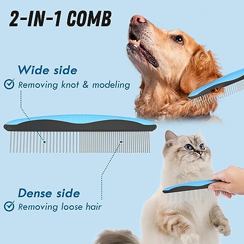 Docrok Pet Grooming Combo - Blue Deshedding Brush with Metal Comb for Detangling and Dematting Long, Matted Fur on Cats and Dogs | Dematting Deshedding Undercoat Rake, Cat Brush Dog Brush Shedding Tool for Long Matted Haired Pets - color: Blue