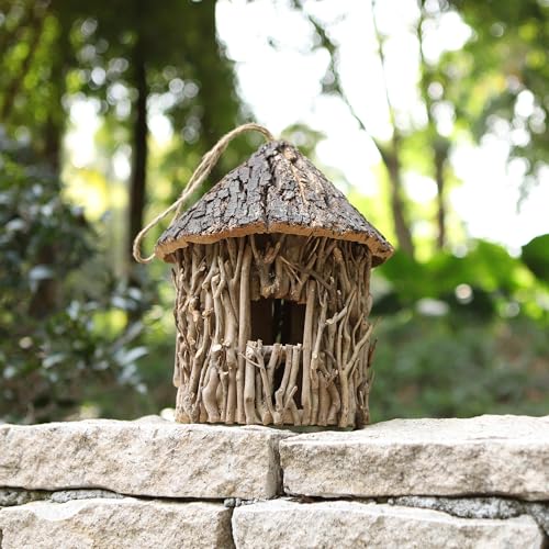 Twig-Covered Cylinder Birdhouse Squirrel House, 2.4" Entry for Medium Birds, Natural Branch Exterior & Waterproof Interior, Woodland Garden Backyard Decor - style: Cylindrical House