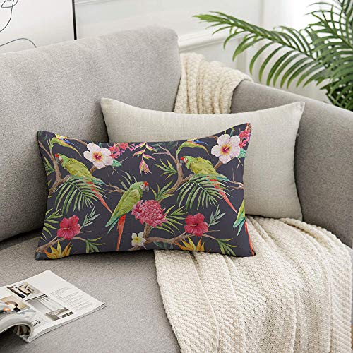 HOSNYE Tropical Tree Throw Pillow Cover Flowers of Hibiscus Blooming Ginger Palm Leaves Parrot Ara and Toucan Linen Fabric for Couch Bed Sofa Car Waist Cushion Cover 12 x 20 inch - color: Throwpillowcoversa104, size: 20" x 12" (Pack of 1)