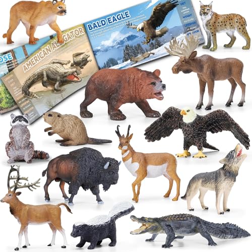 13 Pcs North American Forest Animal Figure Set with Educational Booklet | Realistic Plastic Animals Toy for Kids, Jungle Theme Party Favor, Cake Topper, Birthday Gift for Toddler Boy Girl
