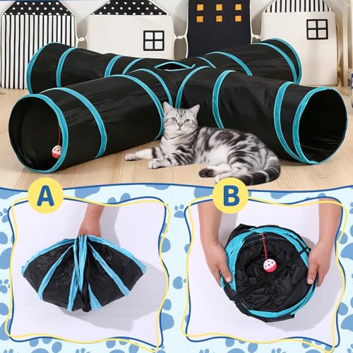 Pet Cat Tunnel, 4-Way Junction Tunnels for Indoor Cats, Collapsible Pet Tunnel for Kitten, Puppy, Rabbit, 25cm-Wide Tunnels, Durable & Breathable, with Peek Hole Toy Ball - color: 4-way Junction Tunnel & Black/Blue