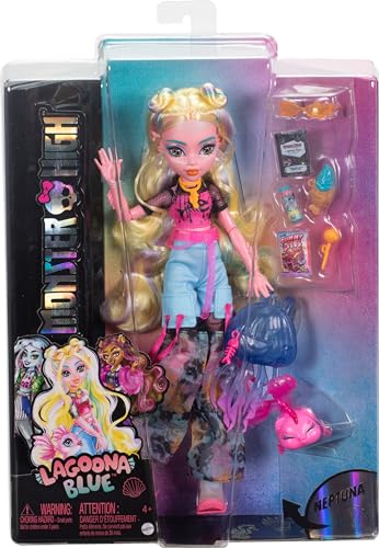 Monster High Lagoona Blue Doll in Mesh Tee and Cargo Pants, Includes Pet Fish Neptuna and Accessories Like a Backpack, Snack and Notebook - style: Lagoona Blue