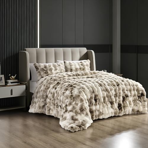 Fredsure Faux Rabbit Fur Comforter Set, 3 Pieces Tie Dye Khaki Queen, Faux Rabbit Fur Face and Microfiber Reverse - color: Tie Dye Khaki, size: Queen