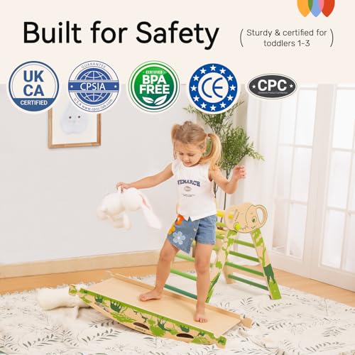 Pikler Triangle Set, Montessori 8-in-1 Climbing Set with Cushion | Wood Jungle Gym for 18M-5Y, Foldable, Reversible Animal Slide, Patent-Protected, 2.35in Gap, ASTM F963, Green - color: Green