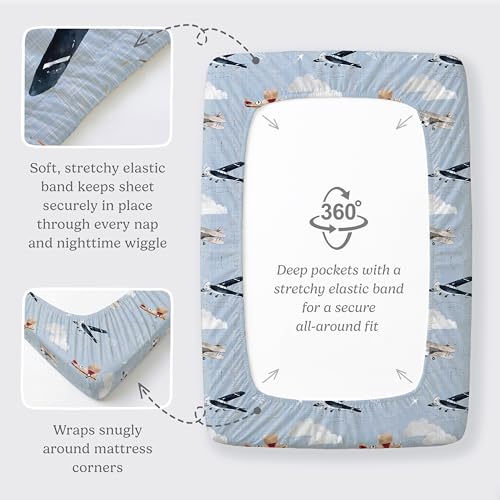 Pack and Play Sheets Fitted, Mini Crib Sheets for Graco Pack N Play Playard (38x26), Ultra Soft Cotton Blend, Safe & Snug Playpen Mattress Sheet for Baby Boys Girls, Airplane in The Clouds, 2-Pack - color: Watercolor Airplanes and Clouds
