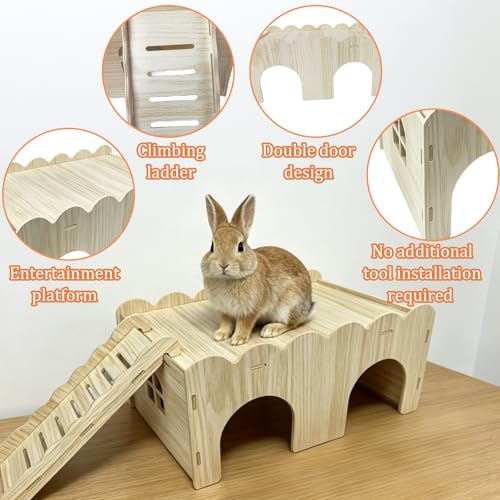 Bunny Hideout Castle Wooden Guinea Pig House Small Rabbit Hideaway with Ladder for Chinchilla Hedgehog Rat
