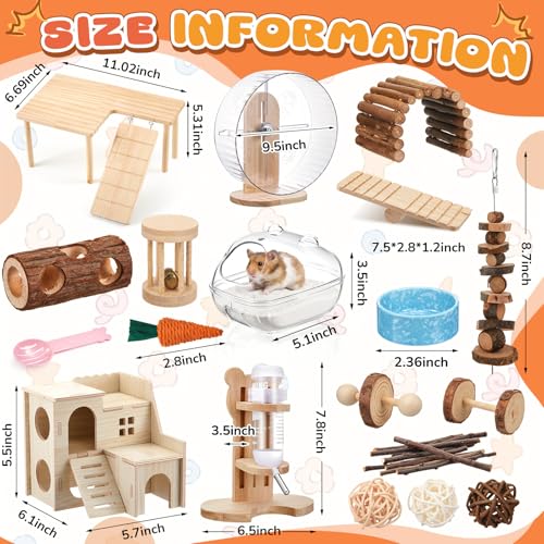 40 Pcs Hamster Cage Accessories, 9.5'' Exercise Wheel, Wood Platform Hideout House, Water Bottle, Sand Bath, Bowl, Chew Toy for Syrian Hamsters Mice Gerbils Habitat Decor (Natural Style) - style: Natural Style