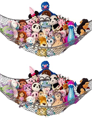 Stuffed Animal Hammock 2 Pack | Corner Stuffed Animal Storage & Plushie Net | Toy Hammock for Stuffed Animals | Holds 12lbs | Easy Hang, All Hardware Included | Gray Bedroom Decor | by Lilly's Love - color: Gray, size: 2 Pack (L) - 67" x 47" x 47"