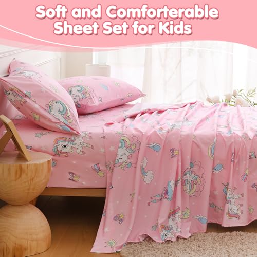 Twin Sheet Set for Girls Pink Unicorn Rainbow Themed Kids Bed Sheet | 3 Pieces Soft Breathable Printed Microfiber Bed Sheet for Kids Room, 15-inch Deep Pocket Fitted Sheet and Pillowcase Set - color: Unicorn, size: Twin