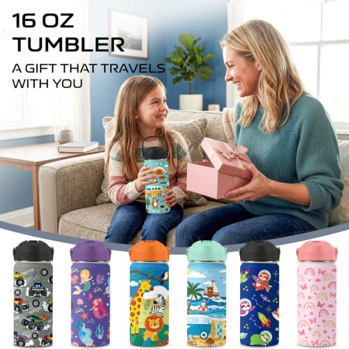 Camping 16 oz Water Bottle with Straw – Kids Stainless Steel Vacuum Insulated Cup, Leakproof Straw Lid, Reusable Travel Mug for Outdoor Sports - color: Camping1