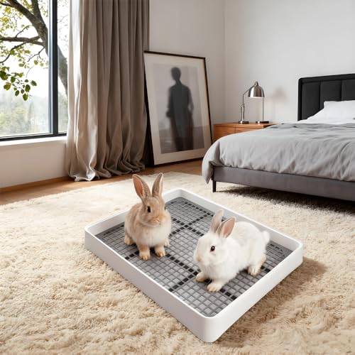 2 Pack Large Rabbit Litter Box Bunny Litter Tray with Detachable Grate | Small Animal Potty Trainer Pan for Guinea Pig, Hamster, Ferret, Rat, Hedgehog & Chinchilla - color: White and Grey 2Pcs