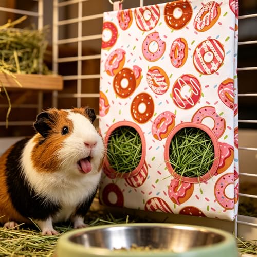JarThenaAMCS 2Pcs Rabbit Hay Feeder Bag with 2 Holes Donut Guinea Pig Hanging Hay Feeding Bag Storage Dispenser for Chinchilla Hamster Bunny Small Animal Pet