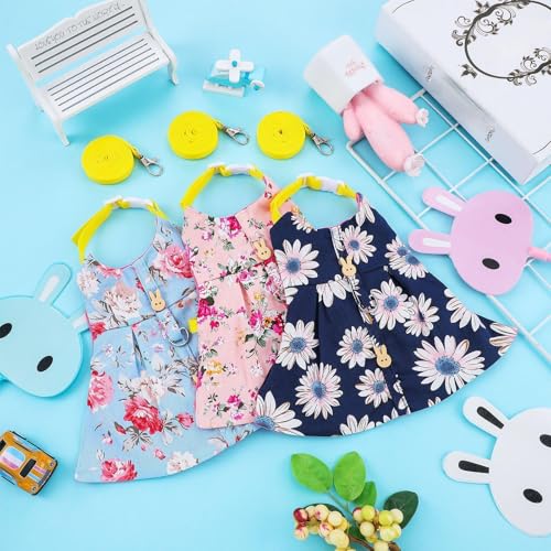 Weewooday 3 Sets Rabbit Bunny Harness and Leash Gift, Cute Bunny Clothes for Rabbits Dress Costume Walking Harness Escape Proof Pet Supply for Hedgehog Ferret Squirrel(Pink Flower, Blue Flower, Daisy)