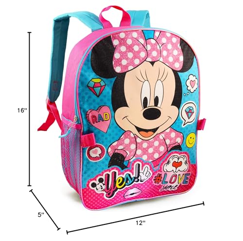 Disney Minnie Mouse Backpack with Lunchbox Set for Girls Bundle + More | 16in Large Durable Minnie Bookbag w/ Insulated Lunch Box Plus Water Bottle, Stickers, More - Minnie Mouse School Supplies