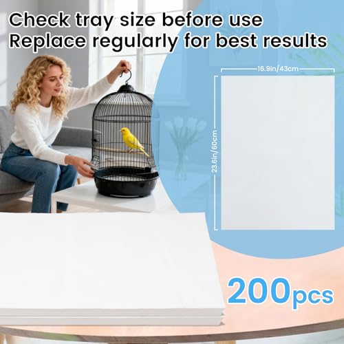 23.6x16.9in Bird Cage Liners - 200 Sheets Pre-Cut Cage Tray Pads | Disposable Absorbent Non-woven Pads Absorb Moisture and Collect Feathers for Parrots, Cockatiels, Parakeets and Finches - size: 200 Count (Pack of 1)