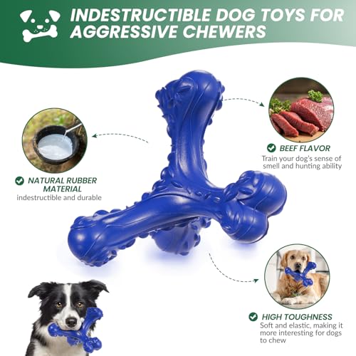 Dog Chew Toys for Aggressive Chewers Large Breed,Indestructible Bones Toy，Durable Cleaning Toothbrush Natural Rubber Dog Toys… (Deep Blue) - color: Deep Blue