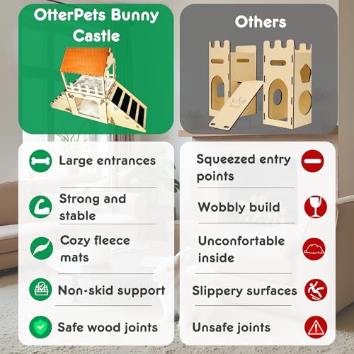 OtterPets Extra Large Bunny Hideout, Wooden Rabbit Castle with Fleece Mats | Pet-safe wood joints (no rubber bands), rabbit hideout made of safe wood, bunny house indoor; chinchilla and guinea pig safe - color: Pet Safe Wood Joints