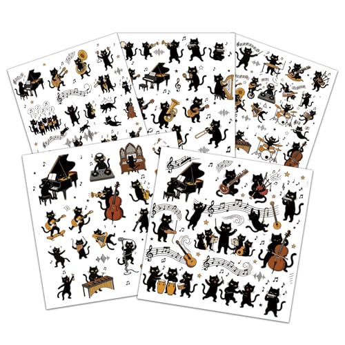 Cat Piano Stickers Black Cat Stickers Music Kitten Decals | Waterproof vinyl cat piano stickers with piano, guitar & drum designs. Cute piano stickers for beginners, laptop & case decor - style: Black Cat Music Orchestra Sticker Set