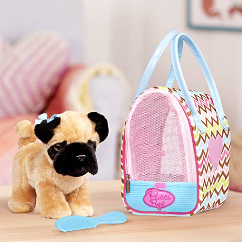 Pucci Pups Plush Puppy Set, Pug with Zigzag Carrier Bag, Pet, 3-Piece Set | 3-piece toy pet set with plush pug, pink zigzag carrier bag, and comb for pretend pet play; mesh zip front; 2+ Years - style: Pug - Zigzag Print Bag