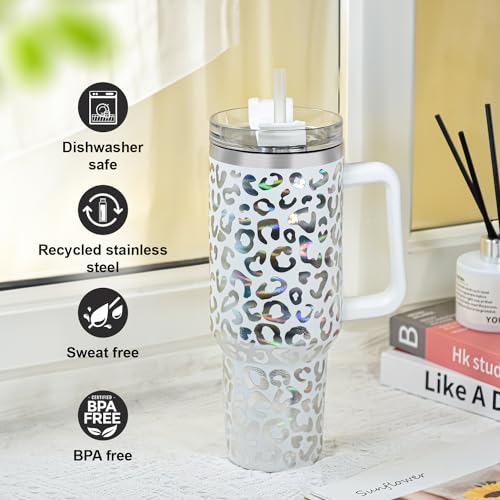 40 oz Tumbler with Handle and Straw, 100% Leak-Proof Travel Mug, Stainless Steel Double Wall Vacuum Insulated Coffee Cup Keeps Cold For 34 Hours, Dishwasher Safe, Black Leopard - color: Black Leopard