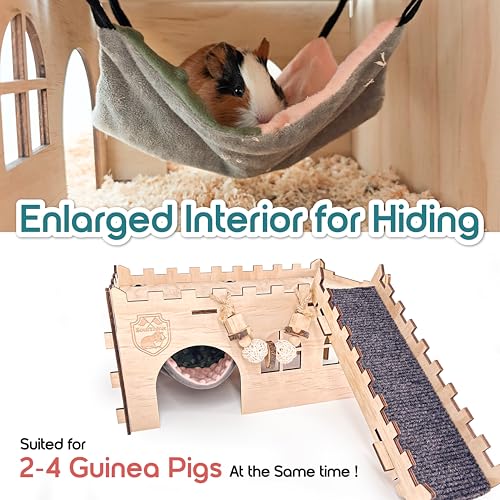 SoulThink® Large Guinea Pig Hideout & House - Easy to Assemble Wooden Guinea Pig Castle with Hammock, Ramp and Toys Accessories Habitat Suitable for Hamsters and Chinchilla - color: Comfy Hammock