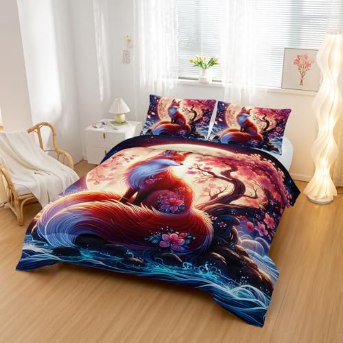 Nttopship Fox Comforter Bedding Set with 2 Pillowcase King Size Cartoon Fox Sakura Comforter Set for Kids Boys Girls Bedroom Decor - color: Fox, size: King