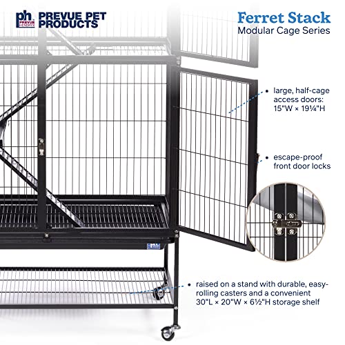 Prevue Pet Products Ferret Stack Two Story Ferret Home - Portable Stand, Escape Proof Lock, Includes Hammock & Ramps, Expandable Two Story Cage Stacking System with Wheels - Black