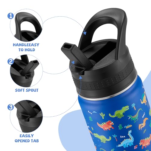14 Oz Kids Water Bottle, Stainless Steel Water Bottle with Straws, Leak-Proof, BPA-Free, Insulated Water Bottles for School Boys & Girls|Blue Dinosaur - color: Blue cartoon dinosaur