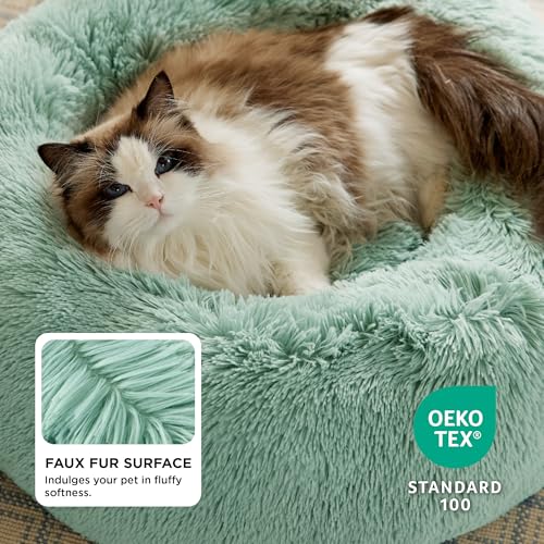 Bedsure Calming Cat Beds Donut Round Washable Kitten Bed,20 inches | Fluffy Faux Fur Cuddler,Anti-Slip Bottom,Anti-Anxiety,Deep Sleeping for Cats&Small Pets Up to 15 Lbs,Apple Green - color: Apple Green, size: 20"L x 20"W x 6"Th