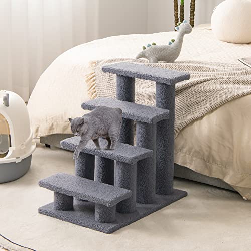Tangkula Pet Stairs for Cats and Dogs, 4-Step Carpeted Ladder Ramp Cat Climber Cat Scratching Post, Multi-Step Dog Stairs for High Beds, Couch (Grey)
