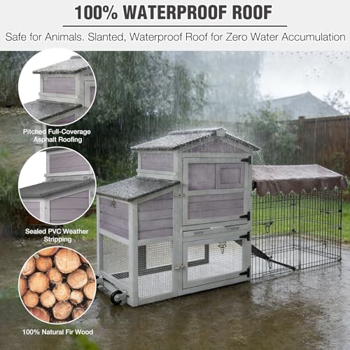 Mobile Chicken Coop with Run, Large Outdoor Wooden Poultry Cage Hen House with Wheels, Nesting Box, Pull-Out Tray, Waterproof Roof, Grey, 79.1" L x 25.2" W x 43.6" H, for 4-6 Chickens - size: 79.1"L x 25.2"W x 43.6"H