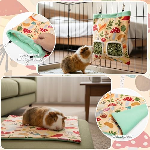 Guinea Pig Hideout Set (4-Pack), Tunnel, Corner Hide, Hay Bag & Mat | Soft Fleece Cute Small Animal Cage Accessories for Guinea Pigs, Bunny, Chinchilla, Hedgehogs, Ferret