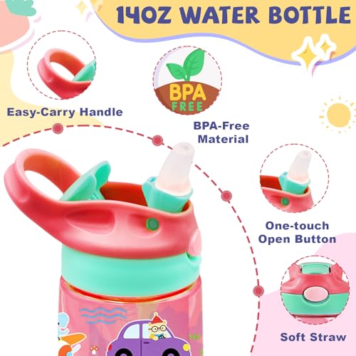Kids Plastic Water Bottle - Cute Water Bottle for Kids, 14oz Plastic Water Bottles with Straw Lid, Leakproof BPA-Free Cute Animals Water Bottles for Home Sports Travel, Pop-Up Straw Cover, Pink - color: Fun Animals
