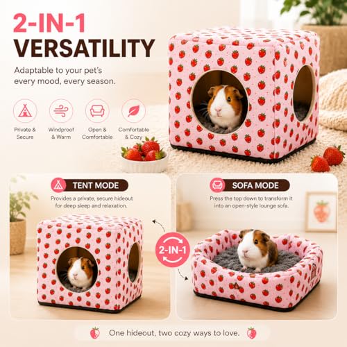 Guinea Pig Hideout House with Removable Cushion, Washable Small Animal Cube Bed, Cozy Bunny Hideaway for Guinea Pigs, Chinchillas, Hedgehogs, Hamsters & Dwarf Rabbits - color: Pink Strawberry