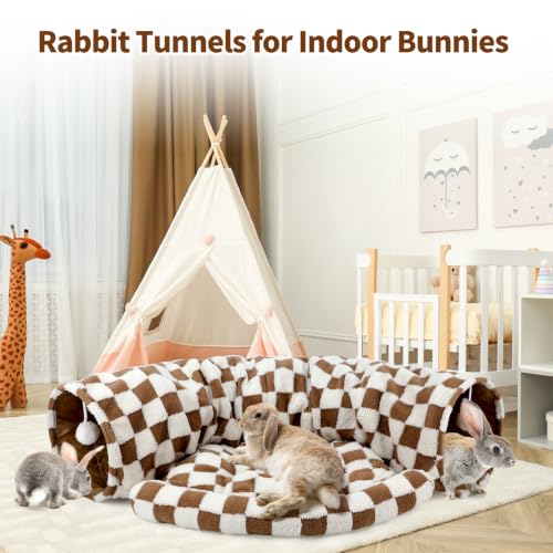 BWOGUE Bunny Tunnel Bed, Brown Plaid 2-in-1 Rabbit Tunnel Hideout with Mat | Removable Mat for Washing, Ball Toy for Play, Tunnel Tubes for Hiding, Soft Suede Fabric, Cats Rabbits Guinea Pigs - color: Brown Checks