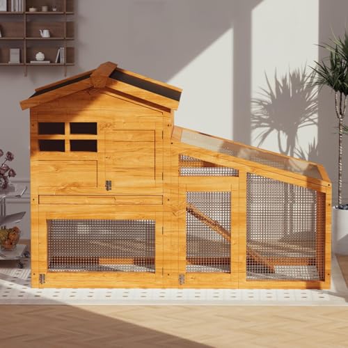 54" 2-Tier Wooden Rabbit Hutch with Run, Small Animal Cage with Removable Tray, Ramp, 6 Access Doors & Asphalt Roof, Weather-Resistant Bunny House for Rabbits, Guinea Pigs, Chinchillas, Natural Wood - color: Wood color